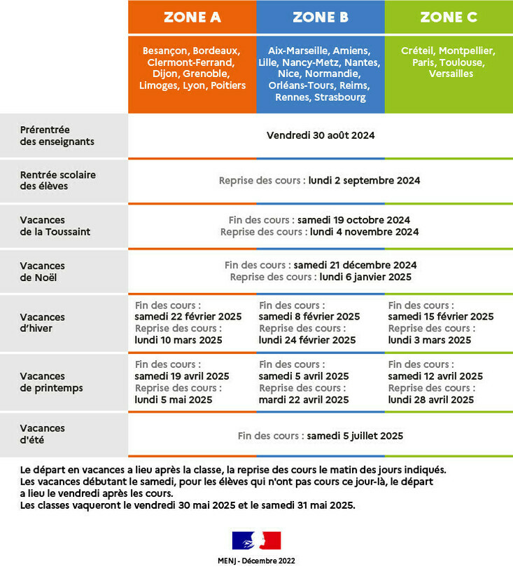 Calendrier scolaire 2024-2025<br>